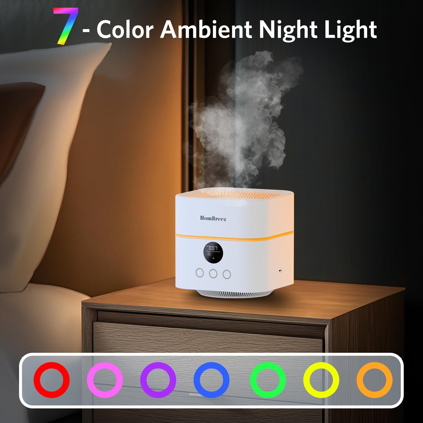 HomBreez Air Purifier and Humidifier Combo for Bedroom, Covers Up to 200ft², H13 True HEPA Filter, 400ML Water Tank, Quiet Cool Mist Top Fill Essential Oil Diffuser for Baby, Pet Room, APP Control