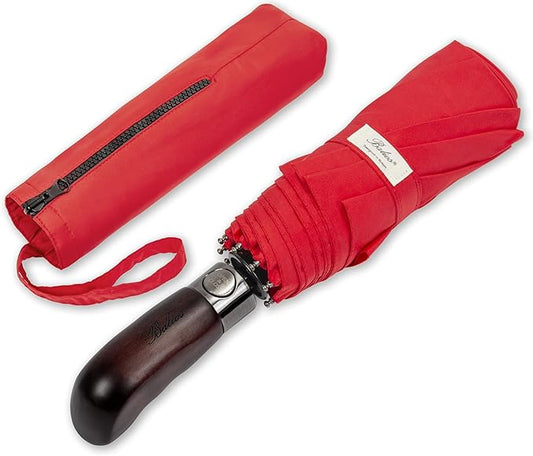 Balios Travel Folding Umbrella with Real Wood Handle Auto Open Close Vented Windproof Canopy - Designed in UK