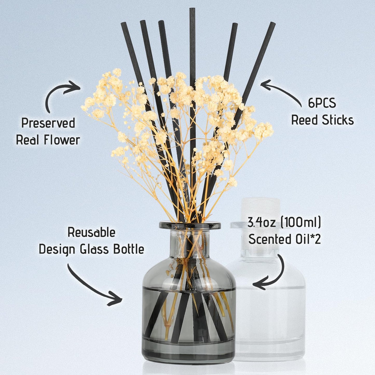 Brakula 2 Pack Reed Diffuser, White Jasmine + Eucalyptus & Wild Mint (3.38 fl oz Each Pack), Home Fragrance with 12 Sticks, Shelf Decor, Reed diffusers for Home