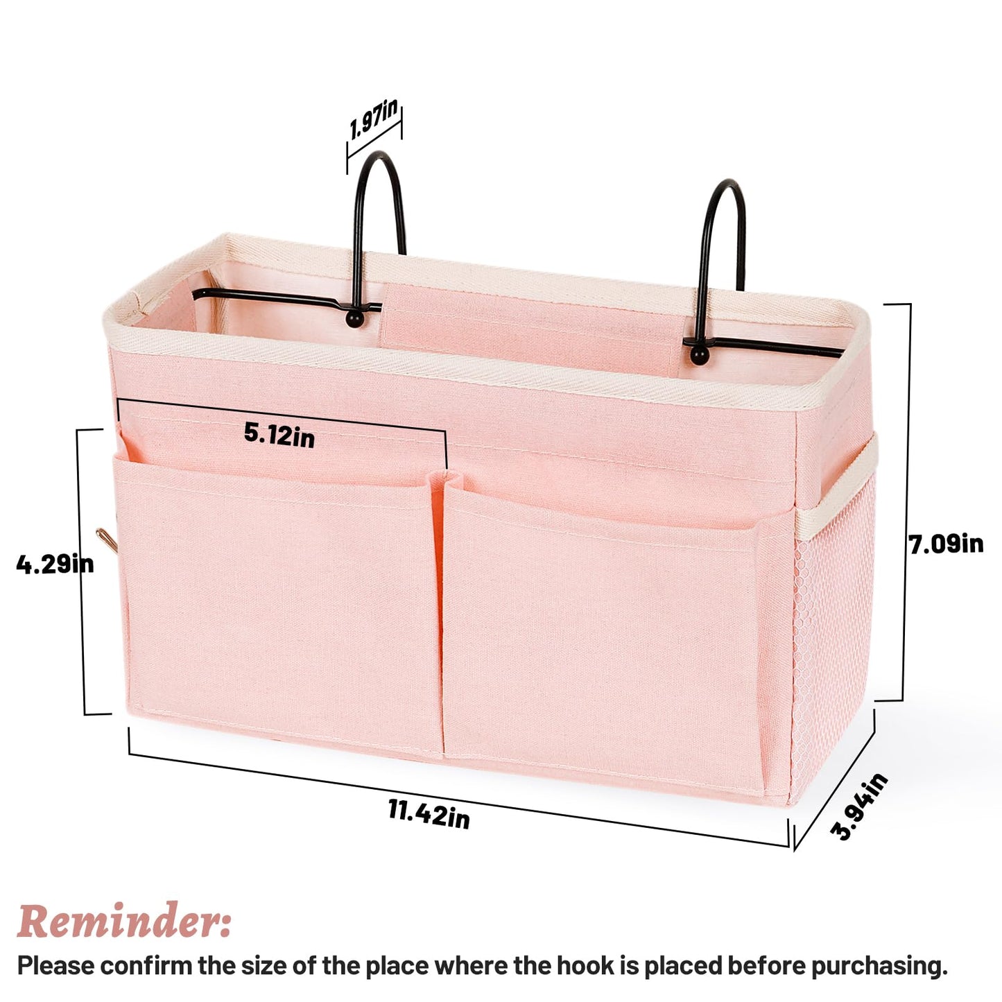 Frjjthchy Bedside Caddy Hanging Storage with Water Bottle Holder for Bunk Bed Hospital Bed Dorm Rooms (Pink)