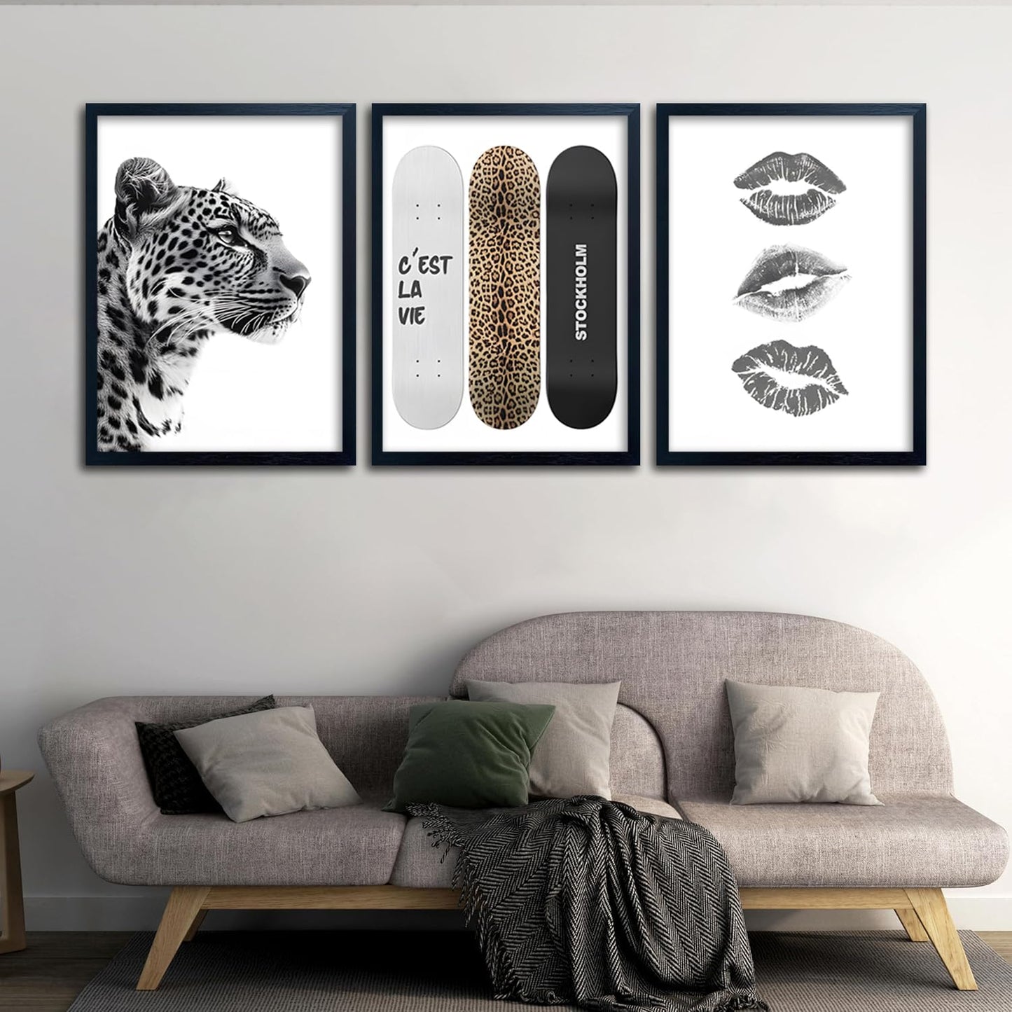 Framed Stockholm Style Canvas Wall Art Set of 3 Black and White Fashion Leopard Print Lips, Preppy Room Aesthetic Cheetah Wall Decor for Girls Bedroom Apartment or Dorm12x16 Inch Black Wood Frame