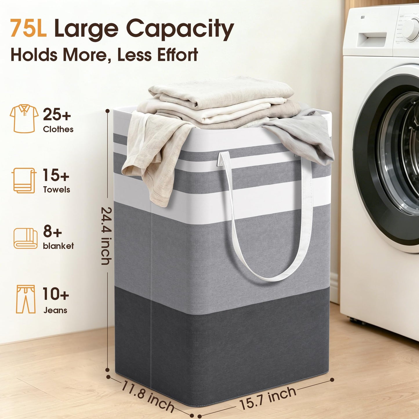 HomeHacks 2 Pack Large Laundry Baskets, Waterproof, Freestanding Laundry Hampers, Collapsible Clothes Hamper with Reinforced Handles in Laundry Room, College Dorm, Bathroom, Bedroom (Grey, 75Lx2)
