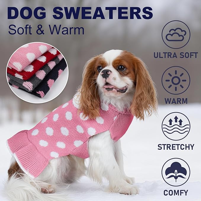 KYEESE Valentines Dog Sweater Dress, Warm Dog Sweaters for Small Dogs Girl Dogs Clothes, Pullover Cozy Knit Pet Apparel with Leash Hole, Pink Dot, M