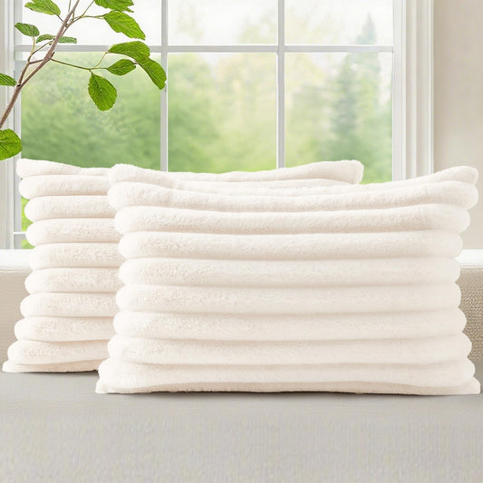 decorUhome Summer Cozy Faux Fur Throw Pillow Covers 12x20 Set of 2 Decorative Soft Plush Striped Lumbar Modern Farmhouse Boho Couch Pillow Cases with Velvet Back for Sofa Bed Living Room, Cream White