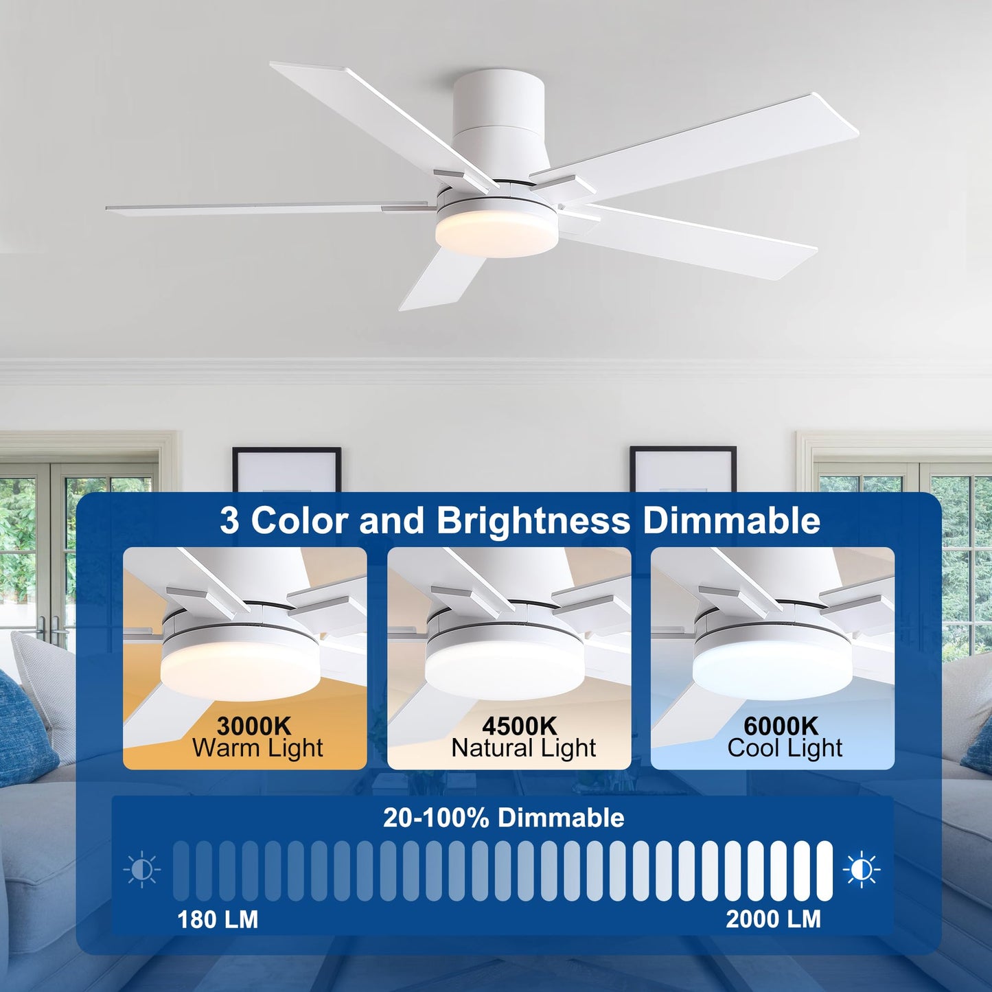 52 Inch Ceiling Fans with Lights and Remote,Flush Mount White Ceiling Fan with 5 Blades,6 Speed Reversible DC Motor,3CCT Dimmable LED-Low Profile Design for Bedroom, Living room & Covered Outdoor