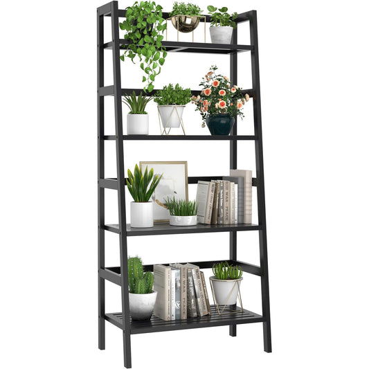Homykic Bamboo Bookshelf 4-Tier Ladder Shelf, 49.2” Freestanding Open Bookcase Book Shelf Bathroom Storage Shelf Unit Plant Stand for Small Space, Living Room, Bedroom, Home Office, Black