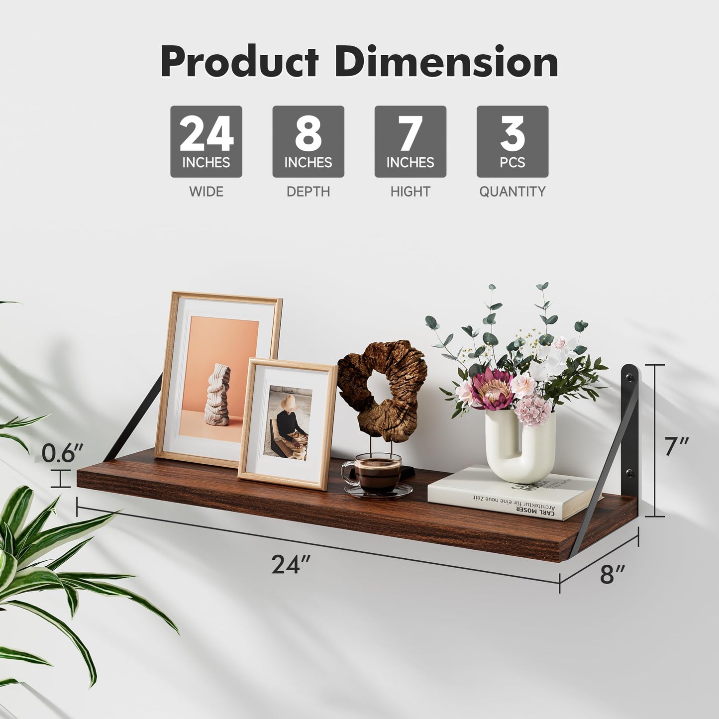 HausRegal Floating Shelves for Wall, 24W x 8D Wide Bookshelf with Brackets Set of 3, Wood Wall Mounted Shelves for Living Room, Kitchen, Bathroom, Bedroom and Decor Storage(Walnut)
