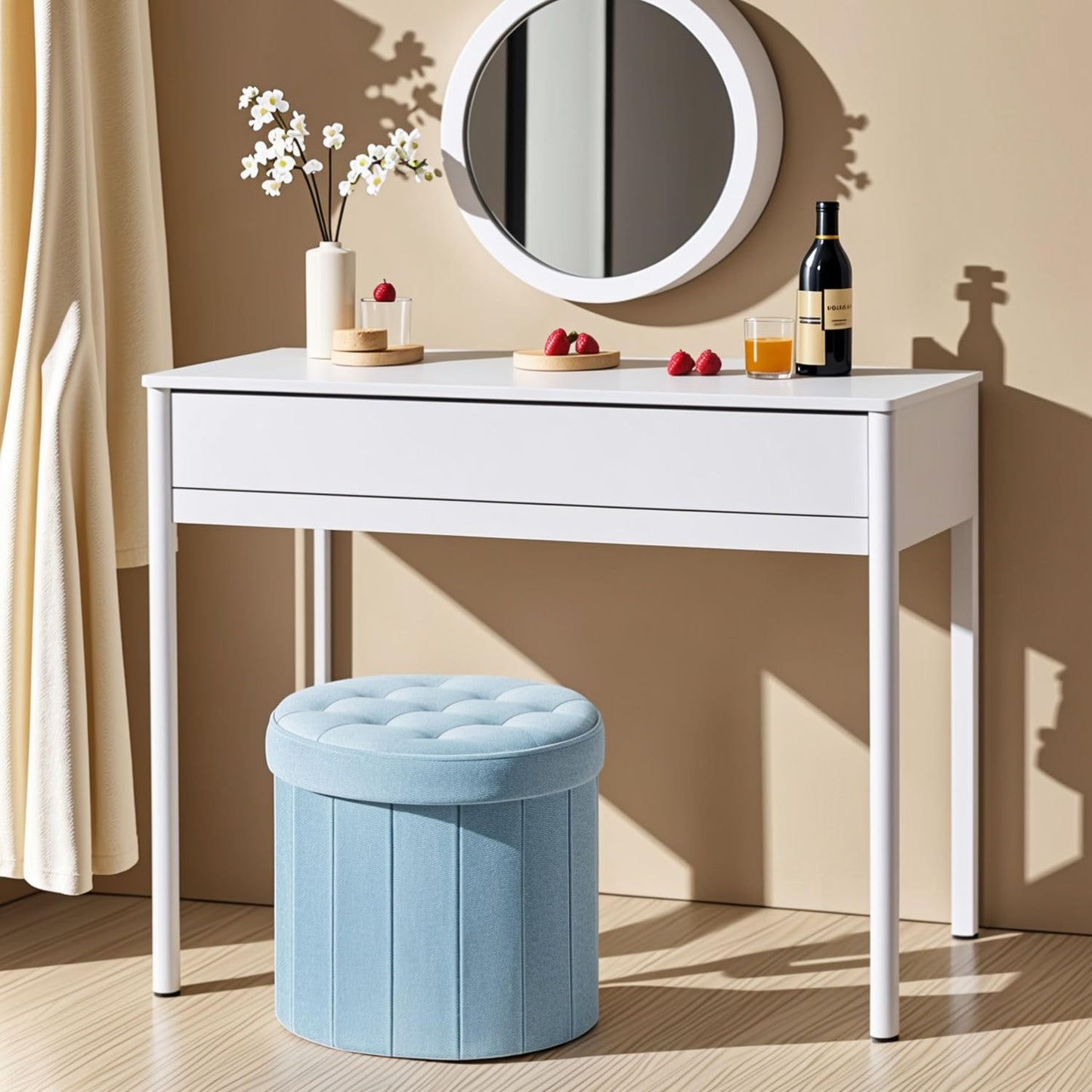Bsketa® Folding Storage Ottoman Round 14" x 14" x 13"Inch Foot Stool with Thicker Foam Padded Seat Small Velvet Storage Ottoman Bench Foot Rest for Living Room Foldable Coffee Table(Teal)