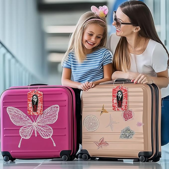 Horror Movie Luggage tag, Suitcase Tags with Privacy Flap and Metal Loop, Ghost Spooky Movie Fans Luggage Tags for Suitcases, Identifiers Travel Essentials Bag Tags for Luggage, Gifts for Friend