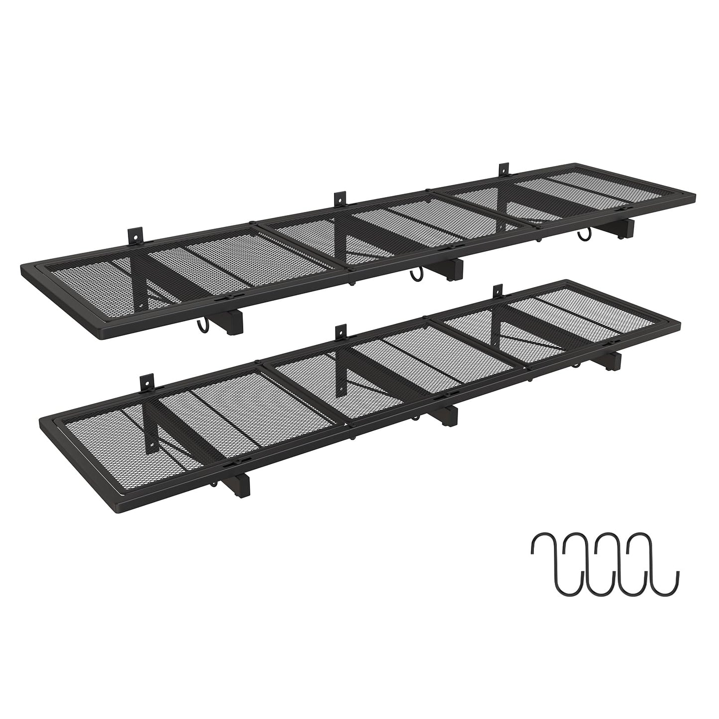 Olgsibb 2 Pack Garage Wall Shelving, 46 x 12.5 in Heavy Duty Garage Shelves Wall Mounted, Metal Floating Wall Shelf with 8 Hooks, 360 lbs Capacity Garage Storage Organizer for Basement, Workshop