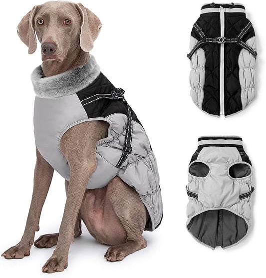 Abuandi Dog Winter Coat with Harness, Dog Jacket, Pet Clothes with Zipper on Back, Waterproof Windproof Warm Vest, Reflective Cold Weather Coats, for Small Medium Large Dogs, Thick, Black, 2XL
