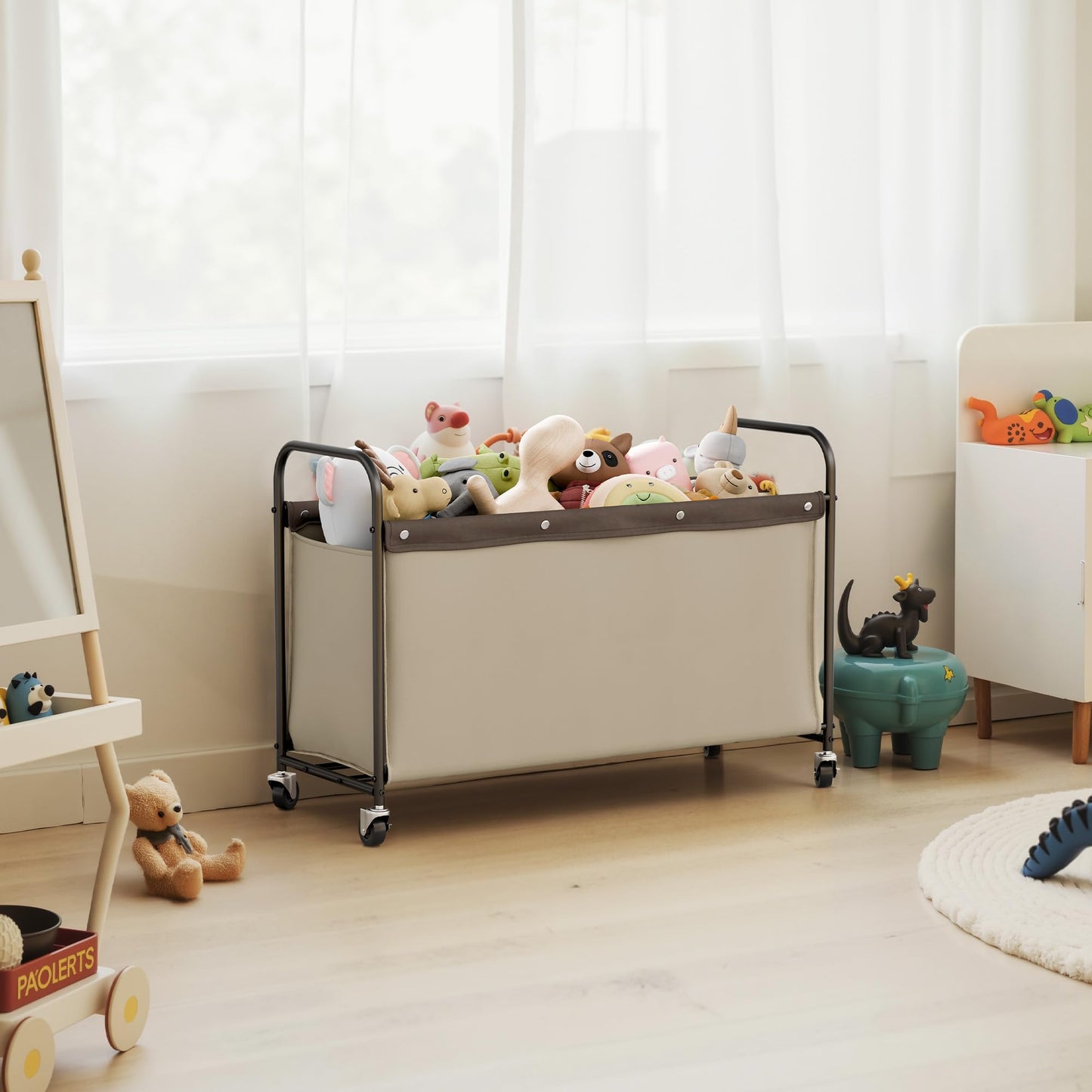 StorageWorks Toy Box with Wheels for Kids, 135L Large Toy Storage Chest and Organizer, 23" Metal Toybox with 360° Swivel Wheels for Bedroom, Kids Room, Stuffed Animal Storage, Light Khaki
