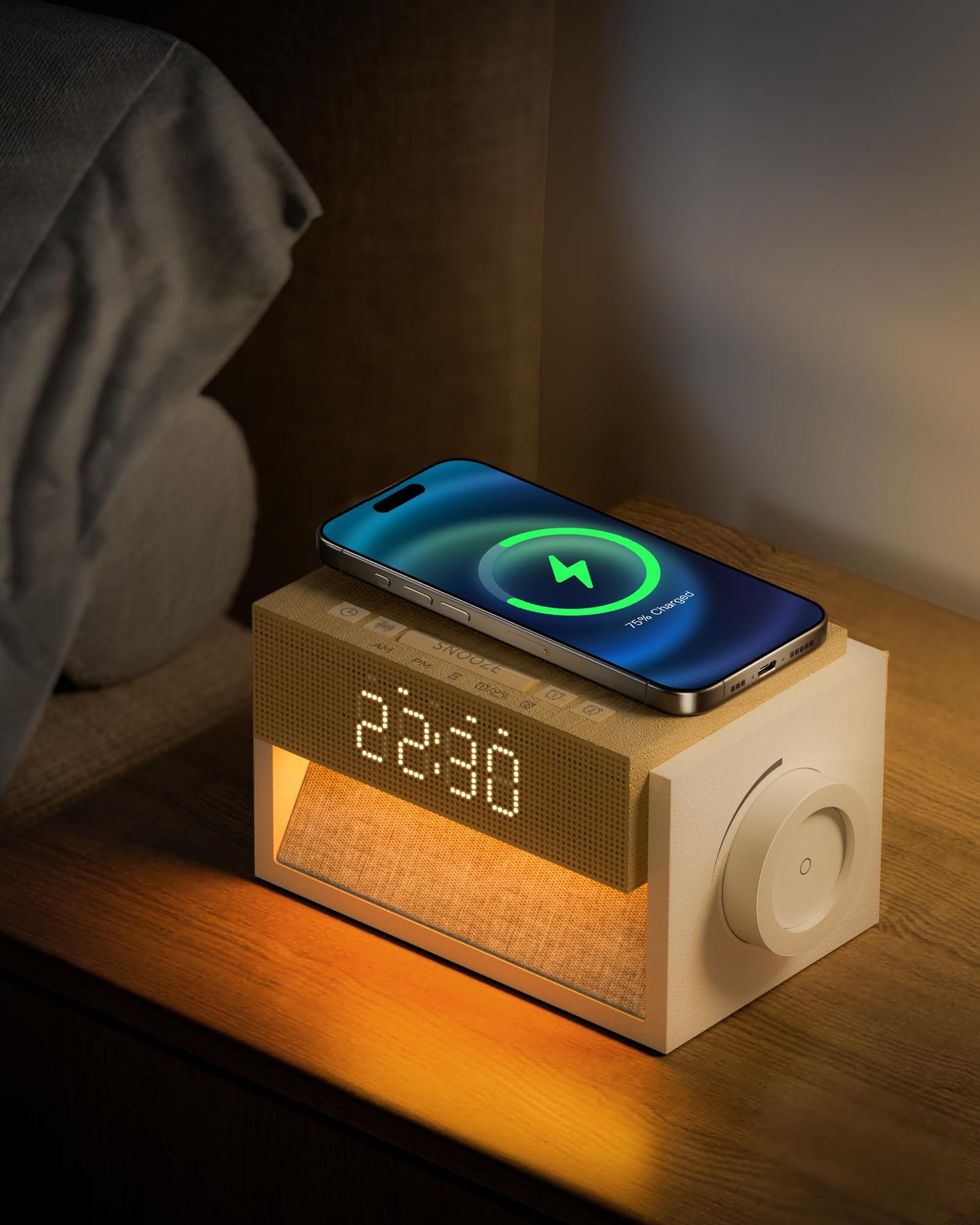 Bokefo Sunrise Alarm Clock with Wireless Charger, White Noise Sound Machine with 20 Soothing Sounds, Wake Up Light Sunlight Simulator, Bedroom Desk Clock for Heavy Sleepers Kids Adults