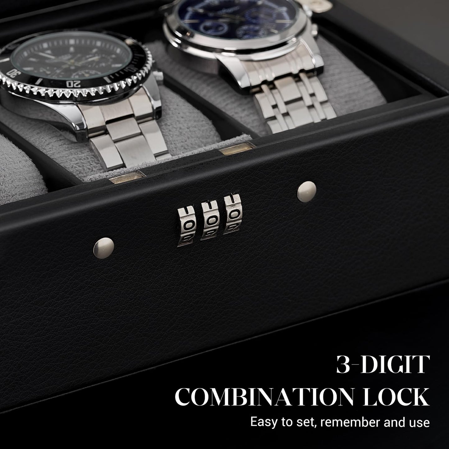ProCase Lockable Watch Case, 3-Slot Display Storage Box with Glass Lid, Scratch-Free Velvet Lining & Combination Lock, Secure Watch Organizer for Men, Home, Office or Store Display - Black