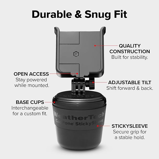 WeatherTech CupFone, Universal Cup Holder Phone Mount for Cars – Adjustable & Secure Fit with Open Access for Charging – Compatible with iPhone, Android - Metal Knobs, Black