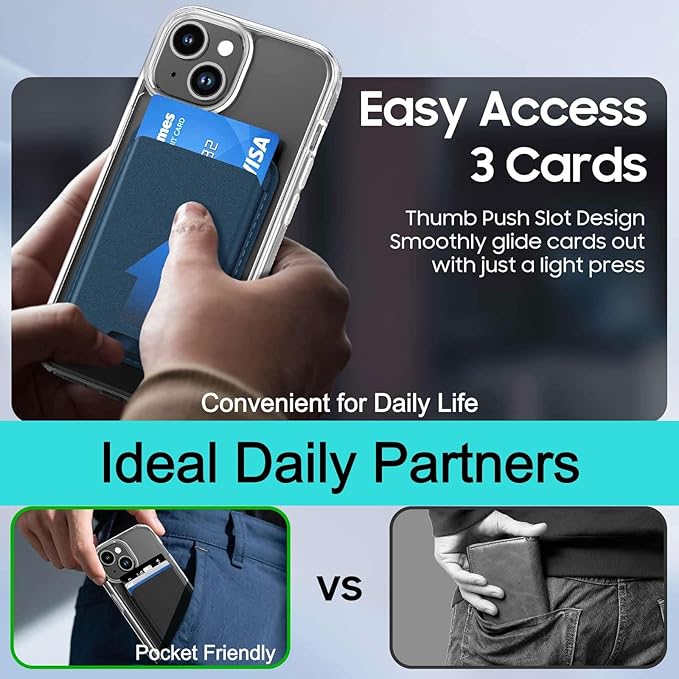 Magnetic for iPhone 14 Plus & iPhone 15 Plus Clear Case (Compatible with MagSafe) with Blue Detachable Wallet & Card Holder for 3 Cards [RFID Blocking] Military Grade Protective Slim Phone Cover