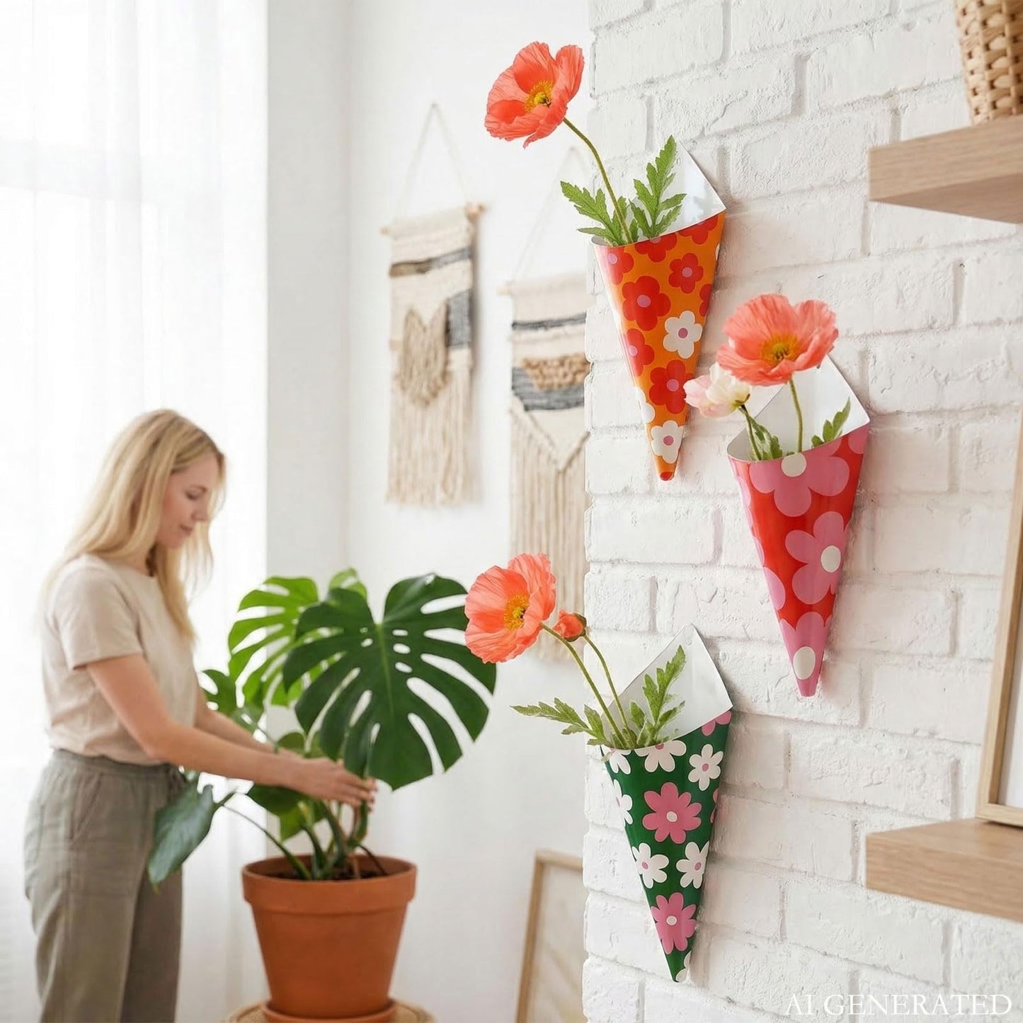 AIM & GGKK Floral Wall Vases - Set of 3 Flower Pattern Metal Wall Flower Vases for for Modern Home Decor, Entryway, Hallway, Bathroom, Living Room, Dining Room, Narrow Spaces