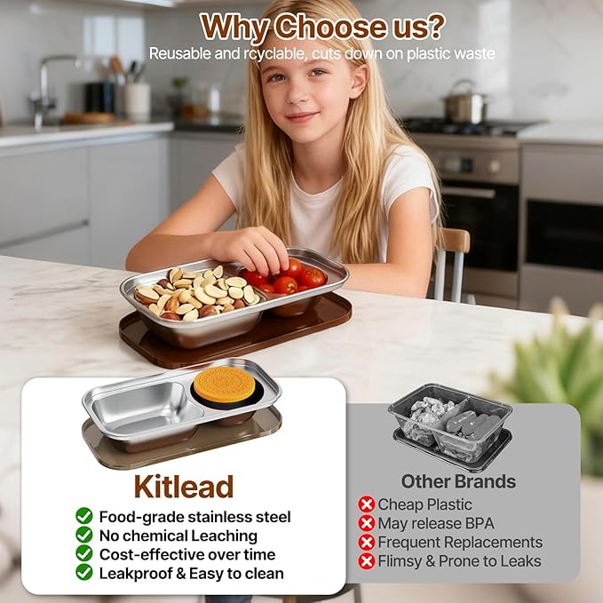 Kitlead 2 Compartment Grab and Go Snack Containers Reusable,Stainless Steel Snack Containers with Lid for Travel, Outdoor Camping and Daily Use (Set of 6)