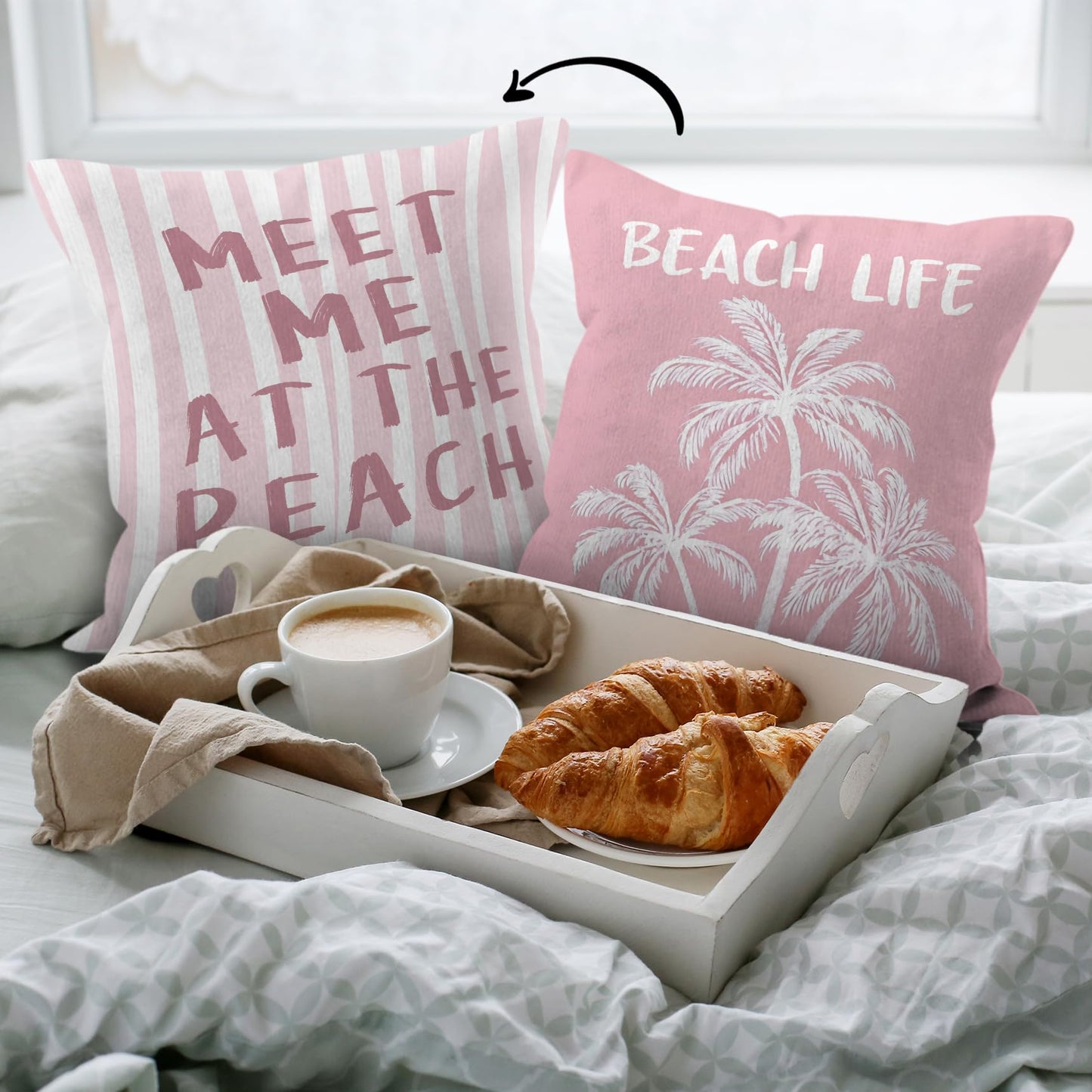 HIWX Pink Coastal Beach Pillow Covers 18x18 Double-Sided, Beachy Room Decor Aesthetic, Preppy Pink Meet Me at The Beach Palm Tree Decorative Pillow Covers for Couch Bed Girls Room Bedroom Dorm Decor