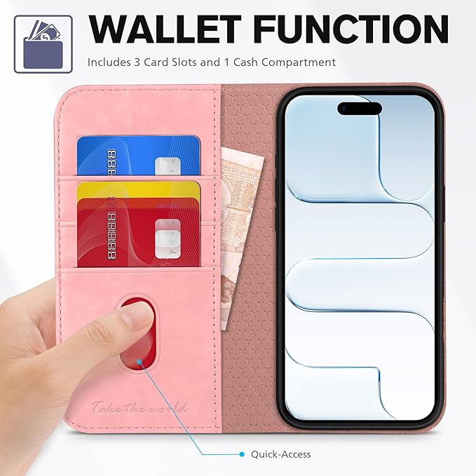 TUCCH Case Wallet for iPhone Air (6.5") 2025, RFID Blocking 3 Card Holders | Kickstand | PU Leather | Protective Flip Folio Cover | TPU Shockproof Interior Shell | Pink