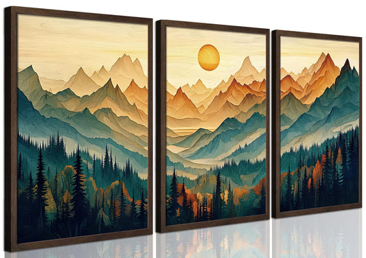 Framed Boho Wall Art Set of 3, Boho Wall Decor, Sunrise Mountain Canvas Prints for Living Room Decor, Large Forest Landscape Painting in Wood Frame, Pine Trees Picture for Bedroom Office 12x16 inch