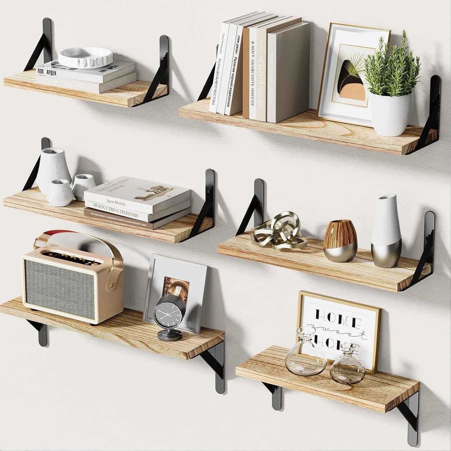 AMADA HOMEFURNISHING Wall Shelves Set of 6, Rustic Farmhouse Style, Wood Floating Shelves for Wall Decor, Bathroom & Bedroom Storage, Living Room Book Shelves, 6pcs