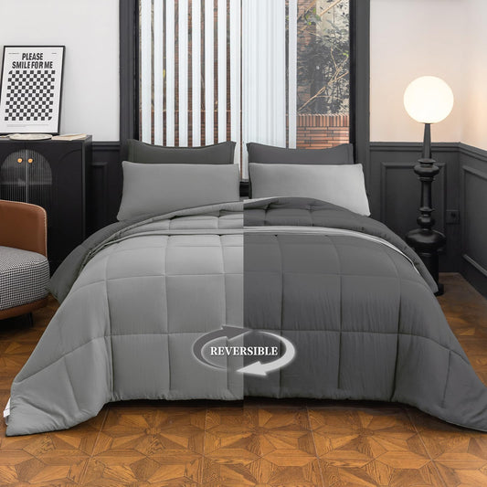 LETSLEEP Queen Size Comforter Set - 8-Piece Gray Luxury Bedding with Reversible Microfiber Lightweight Comforter, Bed Skirt, Flat Sheets, Pillowcases & Pillow Shams