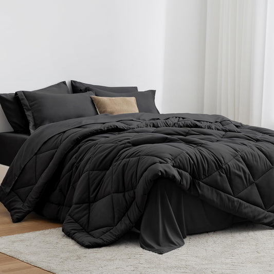 Love's cabin Full Comforter Set Black, 7 Pieces Full Bed in a Bag, All Season Bedding Sets with 1 Comforter, 1 Flat Sheet, 1 Fitted Sheet, 2 Pillowcase and 2 Pillow Sham
