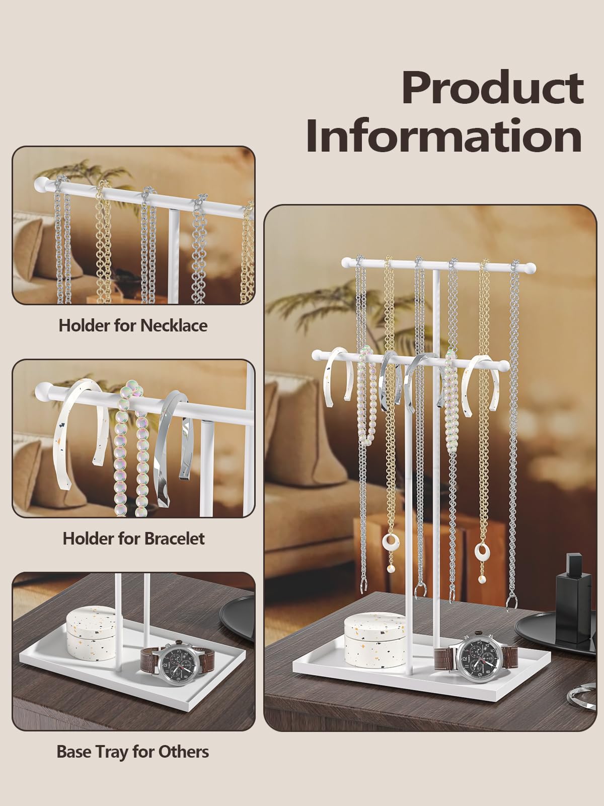 Ausalivan Necklace Organizers Holder,Jewelry Organizers and Displays for Women, Men, and Suppliers Small, Long, and 2 Tier Tall Necklace Stand, with Bracelet and Jewelry Storage Tray (White)