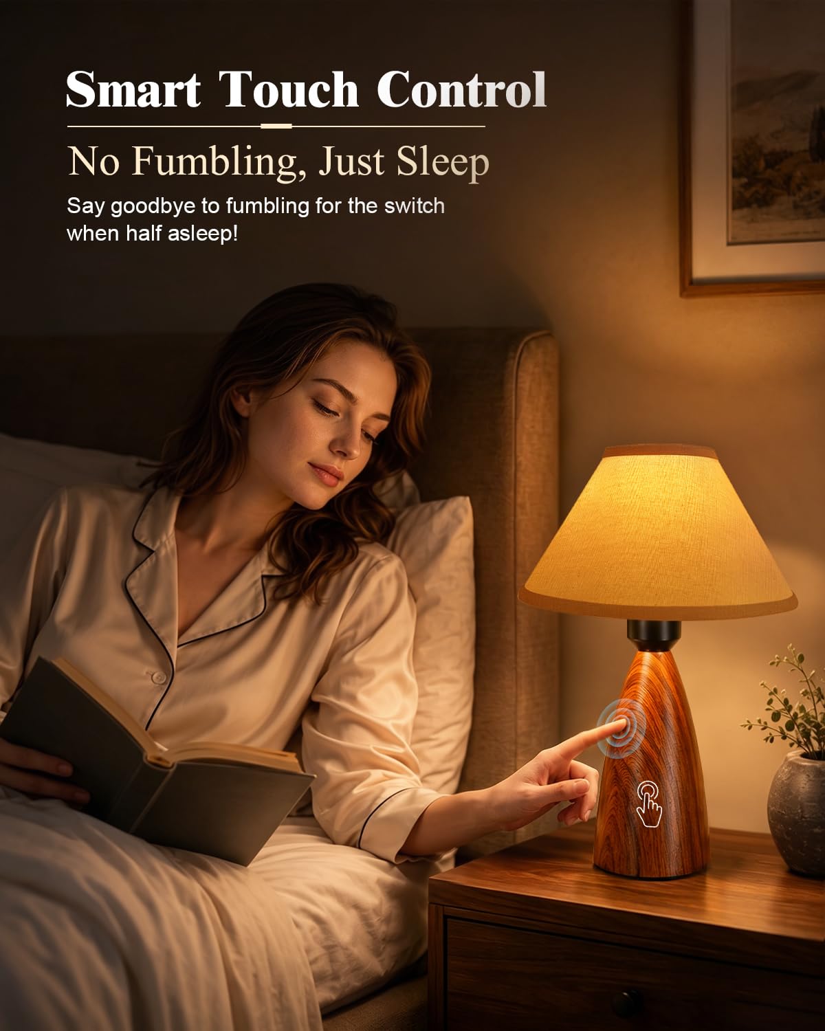 Nusogon Touch Table Lamp for Nightstand - 3-Way Dimmable Small Bedside Lamp, 3s Quick Shut-Off Smart Desk Lamp for Bedroom, Living Room, Reading, Nursery, LED Bulb Included