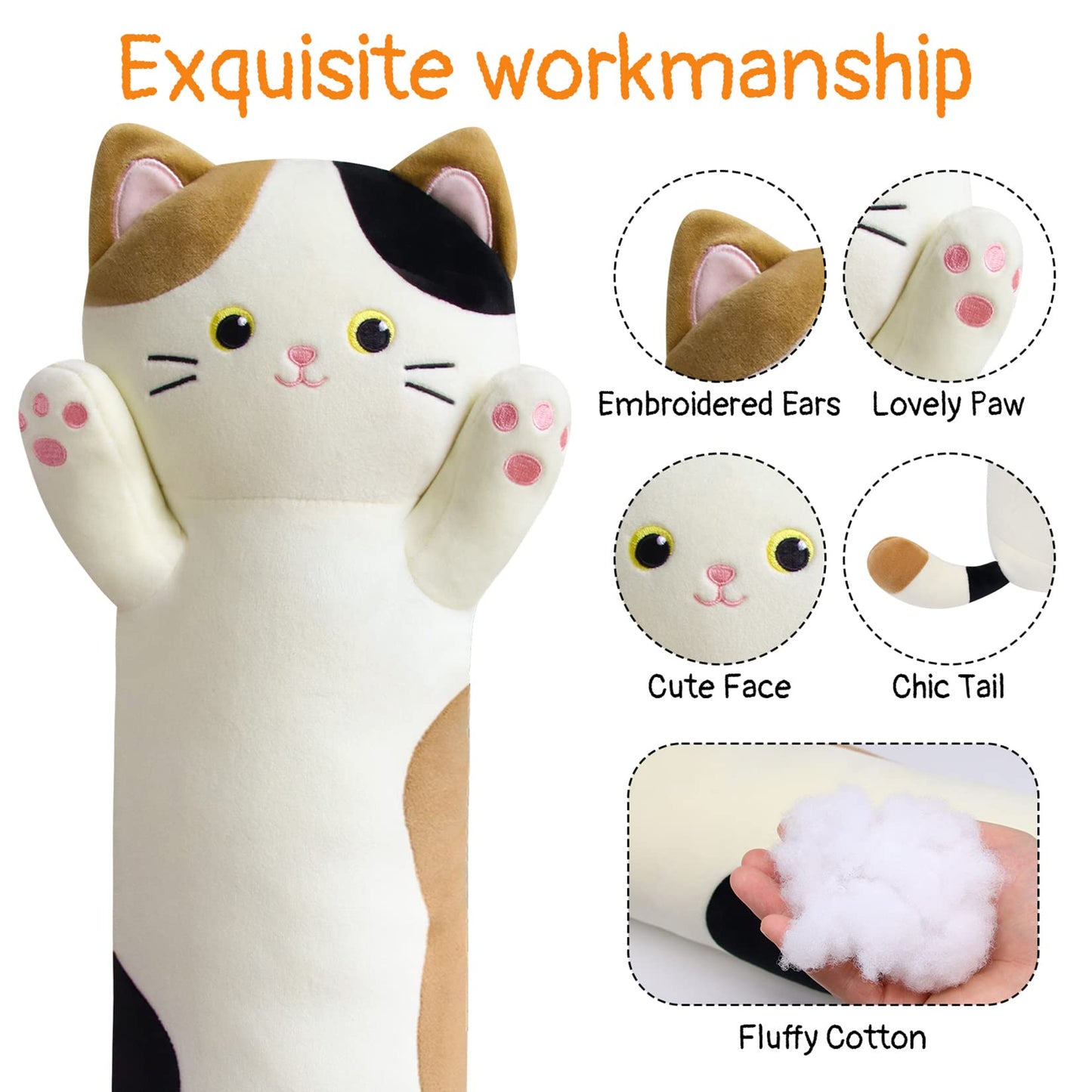 JEROKUMI Calico Cat Long Plush Pillow - 22" Soft Cat Body Pillow, Cuddly Stuffed Animal Plushie, Cute Plushies Kawaii Birthday Gift for Cat Lovers & Kids, Adults