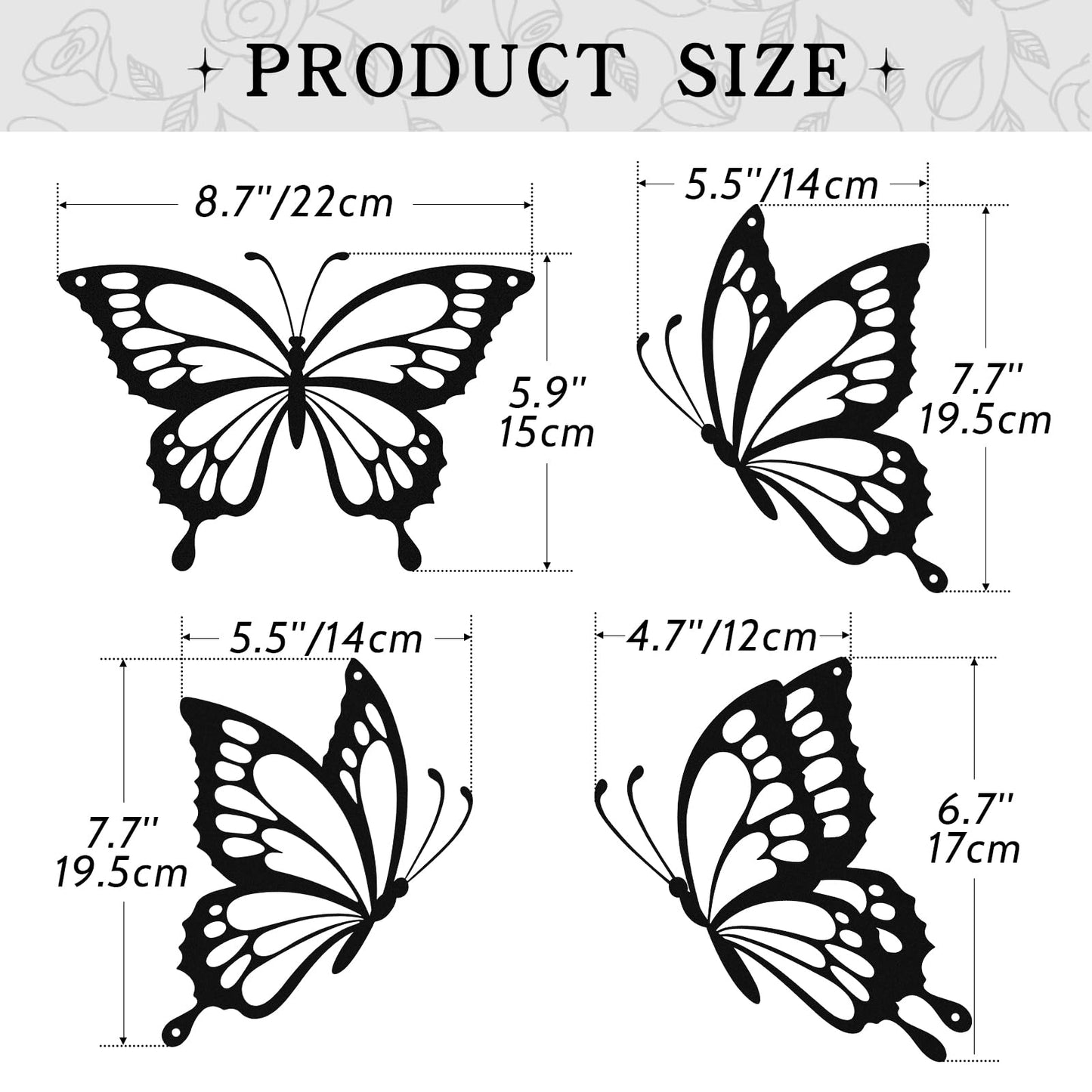PoYang 4 Pieces Metal Butterfly Wall Decor - Butterflies Metal Wall Art for Living Room Dining Room Bedroom Bathroom Kitchen | Black | Lightweight | Cute and Modern | Easy to Install