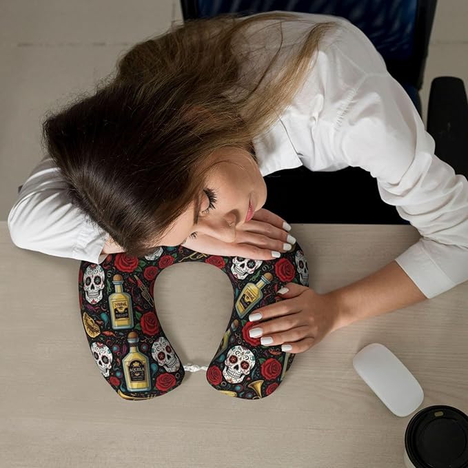 Support Neck Pillow for Youth Travel, Washable Airplane Chin Supporting and Relax U Shaped Pillows Vintage Day of Dead Sugar Skulls Rose Flowers Cactus