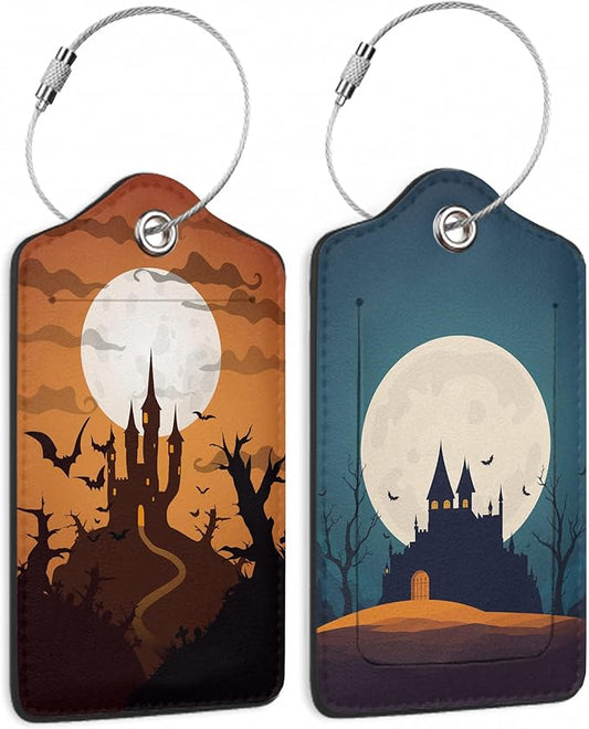 Halloween Night Full Moon Luggage Tags for Suitcases,2 Pack Bat Luggage Tag,Leather Stainless Steel Loop Label Tag for Women Men Girls Travel Bag Suitcase