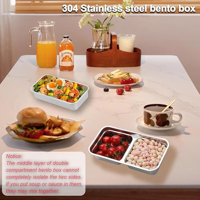 304 Stainless Steel Snack Containers, 100% Leadproof, Grab and Go Snack Containers, Food Grade, for Travel and Outdoor Camping, 1pc Single and 1pc Double Compartment, 2 PCS