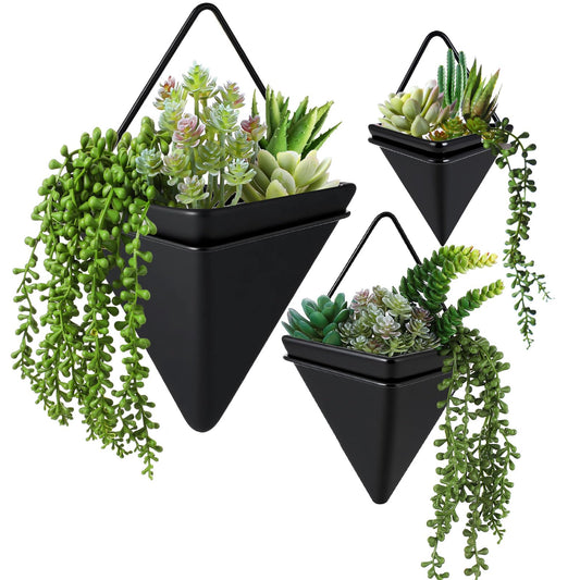 Rtteri 15 PCS Black Wall Hanging Planter Set with Artificial Succulents, 3 Ceramic Geometric Wall Planters in 3 Sizes, Modern Indoor Decor for Living Room Bathroom Office