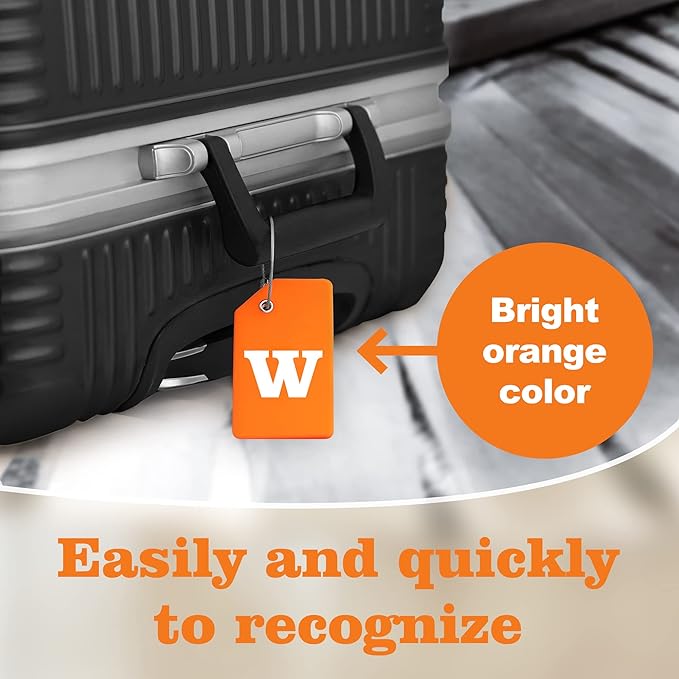 Gostwo 2 Pack Silicone Luggage Tags for Suitcases, 26 Initial Letter Baggage Labels Handbag School Bag Suitcase Instrument Tag with Stainless Steel Loop(Orange)(Letter W)
