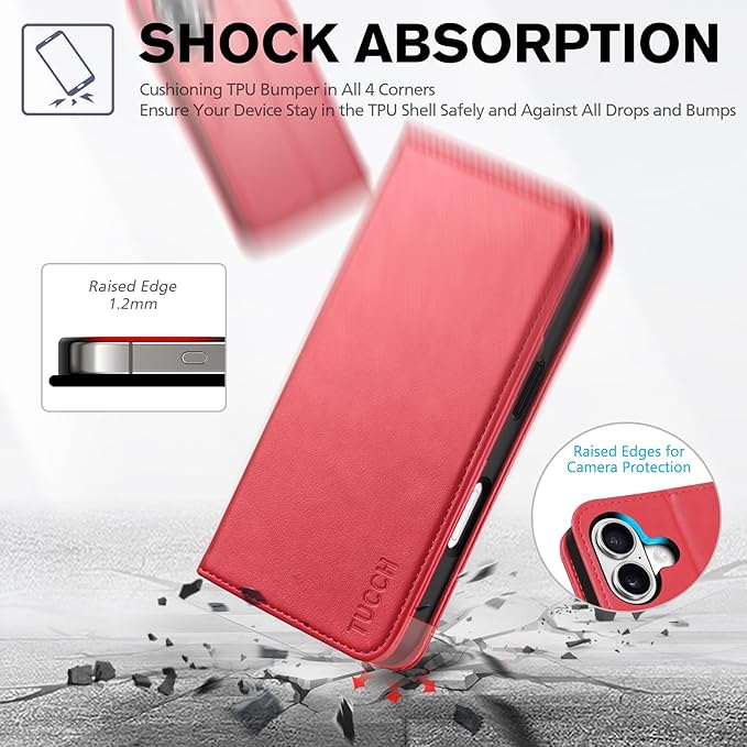 TUCCH Case Wallet for iPhone 17 (6.3") 2025, RFID Blocking, 3 Card Holders, Kickstand, PU Leather, Protective Flip Folio Cover, TPU Shockproof Interior Shell, Bright Red