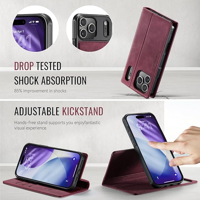 PlusnapX Wallet Case for iPhone 17 Pro Max Compatible with Magsafe, 2-IN-1 PU Leather Flip RFID Blocking Card Holder Stand Shockproof Magnetic Detachable Case for iPhone 17 Pro Max Case 6.9", Burgundy