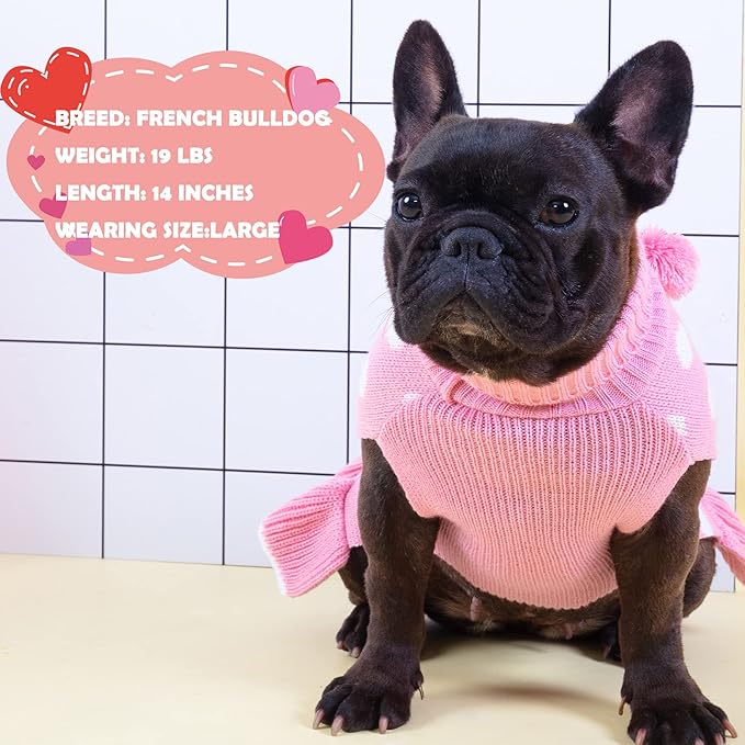 KYEESE Valentines Dog Sweater Dress, Warm Dog Sweaters for Small Medium Dogs Girl, Cozy Pullover Dog Clothes Pet Apparel with Leash Hole, Pink Dot, XL