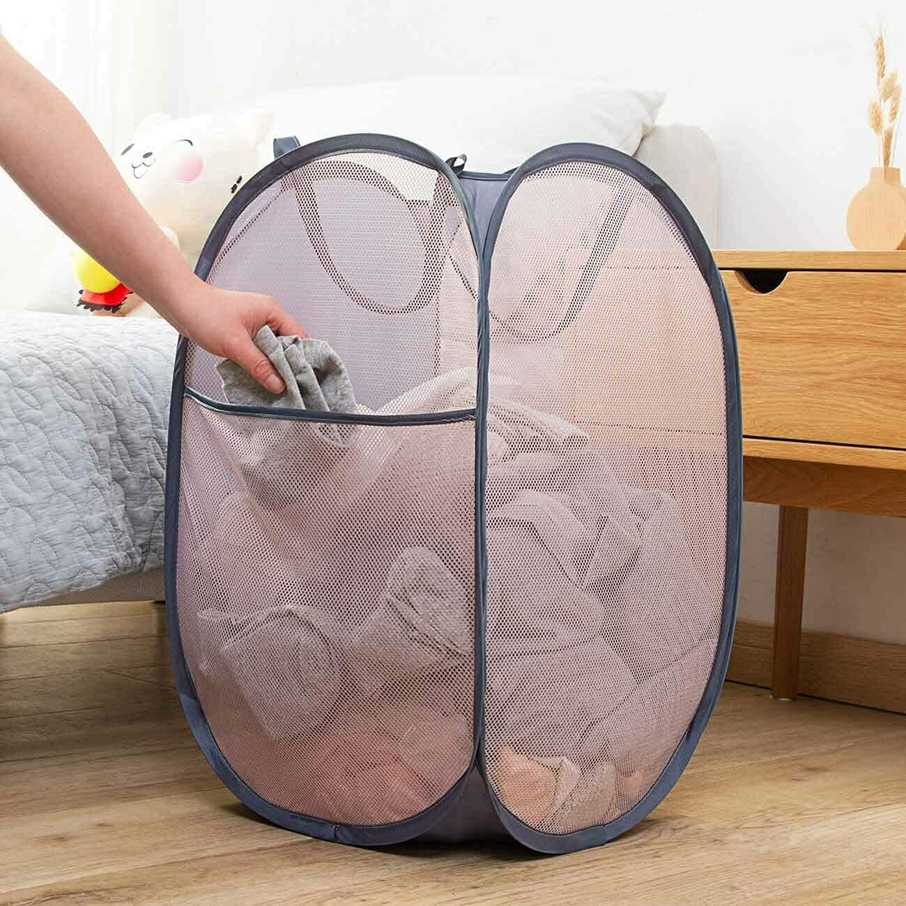 Larpur 2 Pcs Popup Mesh Laundry Baskets, Collapsible and Portable Clothes Washing Laundry Hampers with Reinforced Carry Handles, Gray Clothes Hamper for Home, Travel, College Dorm