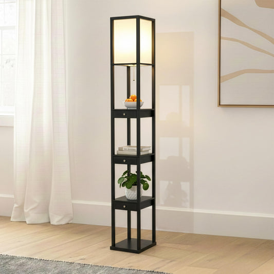 Brightech Maxwell Drawer Edition - Modern Shelf Floor Lamp with Drawer - Corner Display Floor Lamps with Shelves for Living Room, Bedroom and Office - Black