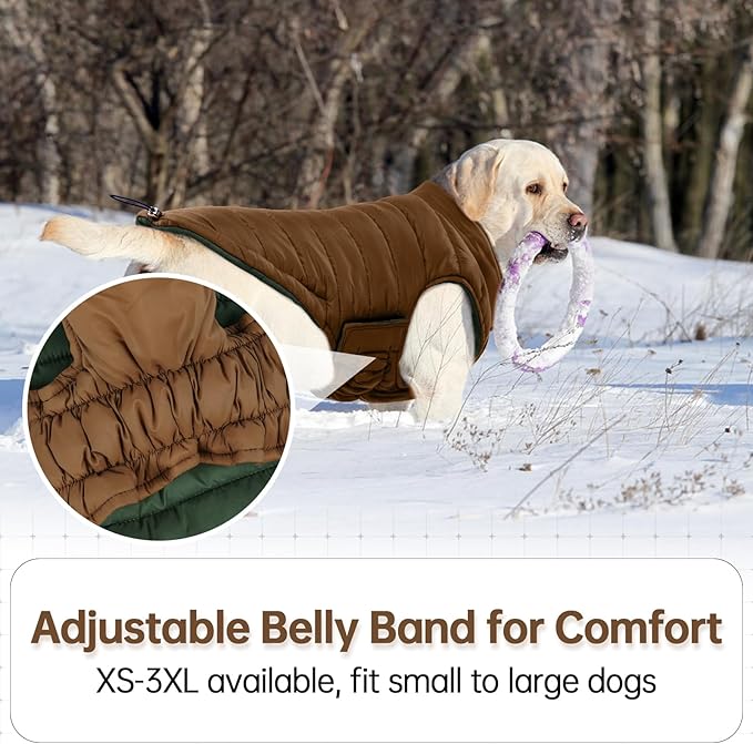 Lelepet Reversible Dog Coat Waterproof Dog Jacket Windproof Puffer Vest for Winter Warm Lightweight Coats for Small Dogs Adjustbale Hook & Loop Pet Apparel with Leash Hole, Shih Tzu, Brown, S
