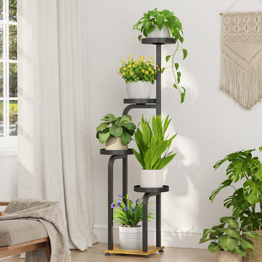 iDavosic.ly Tall Plant Stand Indoor, 4 Tier Corner Multiple Flower Holder Shelf with Metal Trays, Space Saving Display Rack for Living Room Balcony Patio Porch Outdoor | Black & Brown