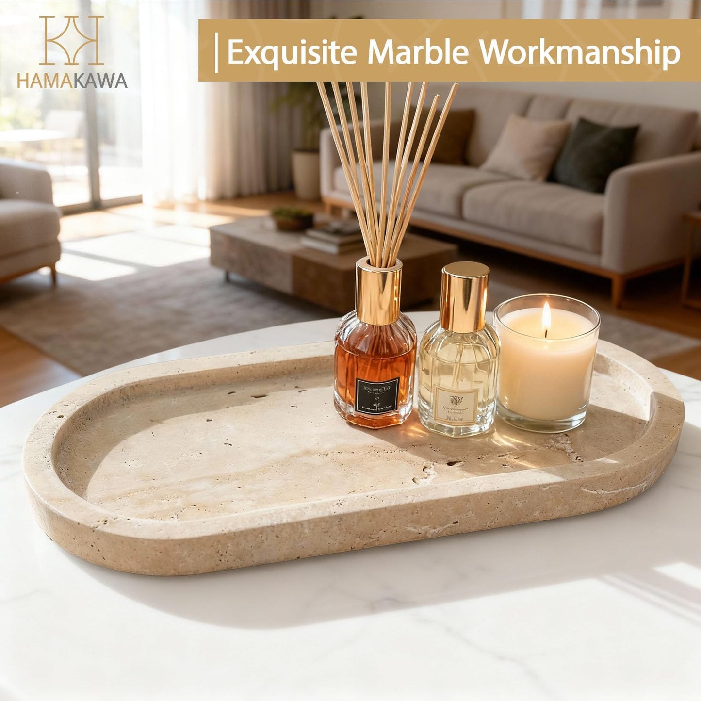 HAMAKAWA Turkish Natural Marble Vanity Tray, Oval Bathroom Tray 10 inch, Beige Travertine Perfume Trays, Vanity Organizer for Soap, Kitchen, Home Decor