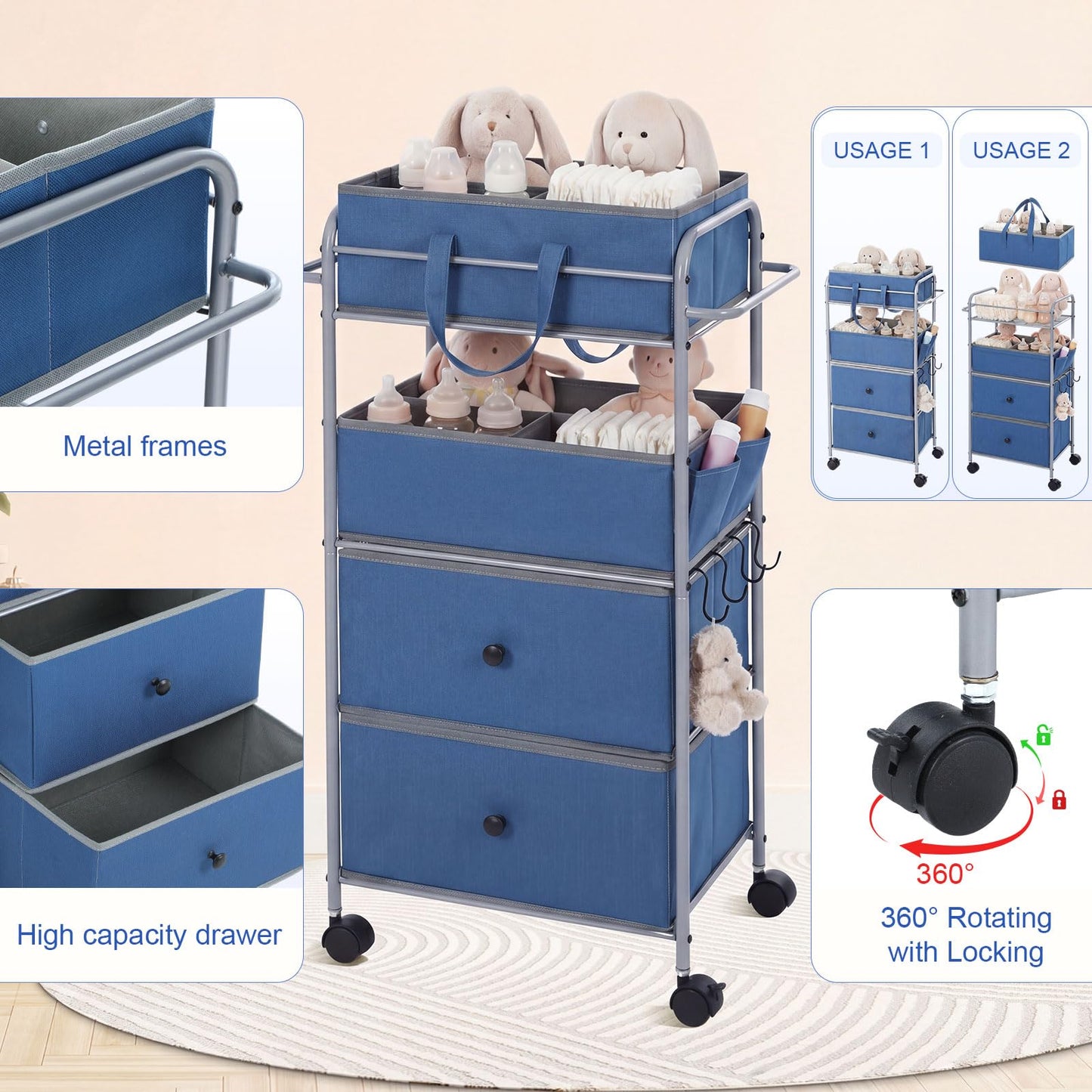 FoldTier 3In1 Baby Diaper Caddy Organizer Cart 4 Tier Large Capacity Metal Utility Bedside Rolling Cart with Divider Newborn Registry Nursery Essential Must Have Bedroom Gift Baby Shower (Blue)
