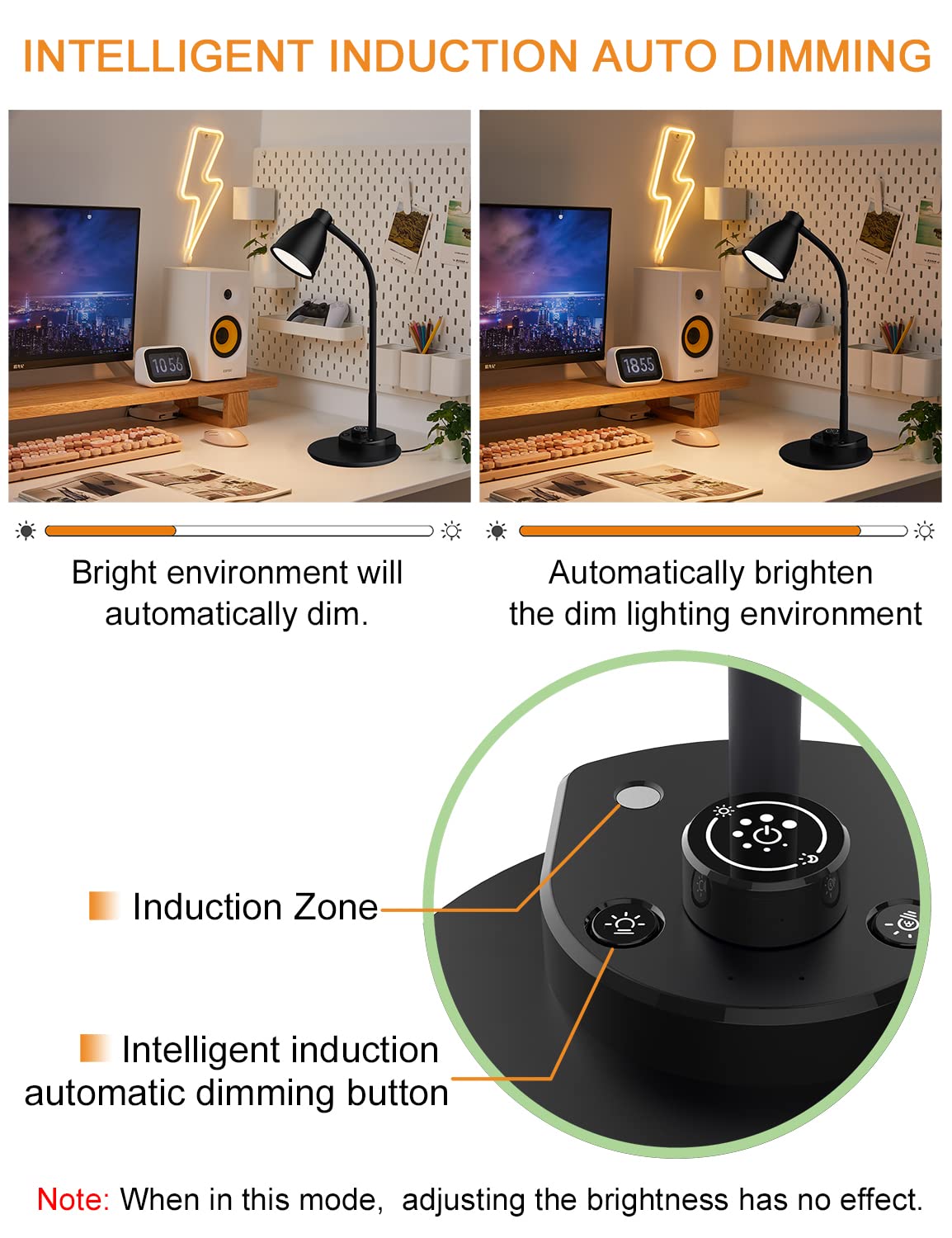 BOHON LED Desk Lamp with USB Charging Port 3 Color Modes Dimmable Reading Light Intelligent Induction Auto Dimming Task Lamp Neck Flexible Table Lamp for Bedside Office, AC Adapter Include