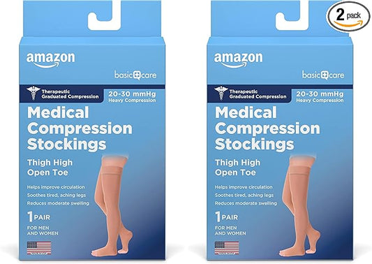 Amazon Basic Care Compression Stockings, 20-30 mmHg, Women & Men, Thigh Length | Open Toe | Beige | Small | Pack of 2