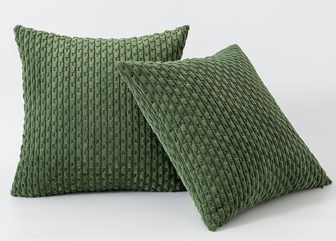Kevin Textile Throw Pillow Covers Soft Corduroy Decorative Set of 2 Boho Striped Pillow Covers Pillowcases Farmhouse Home Decor for Couch Bed Sofa Living Room 24x24 Inch Moss Green