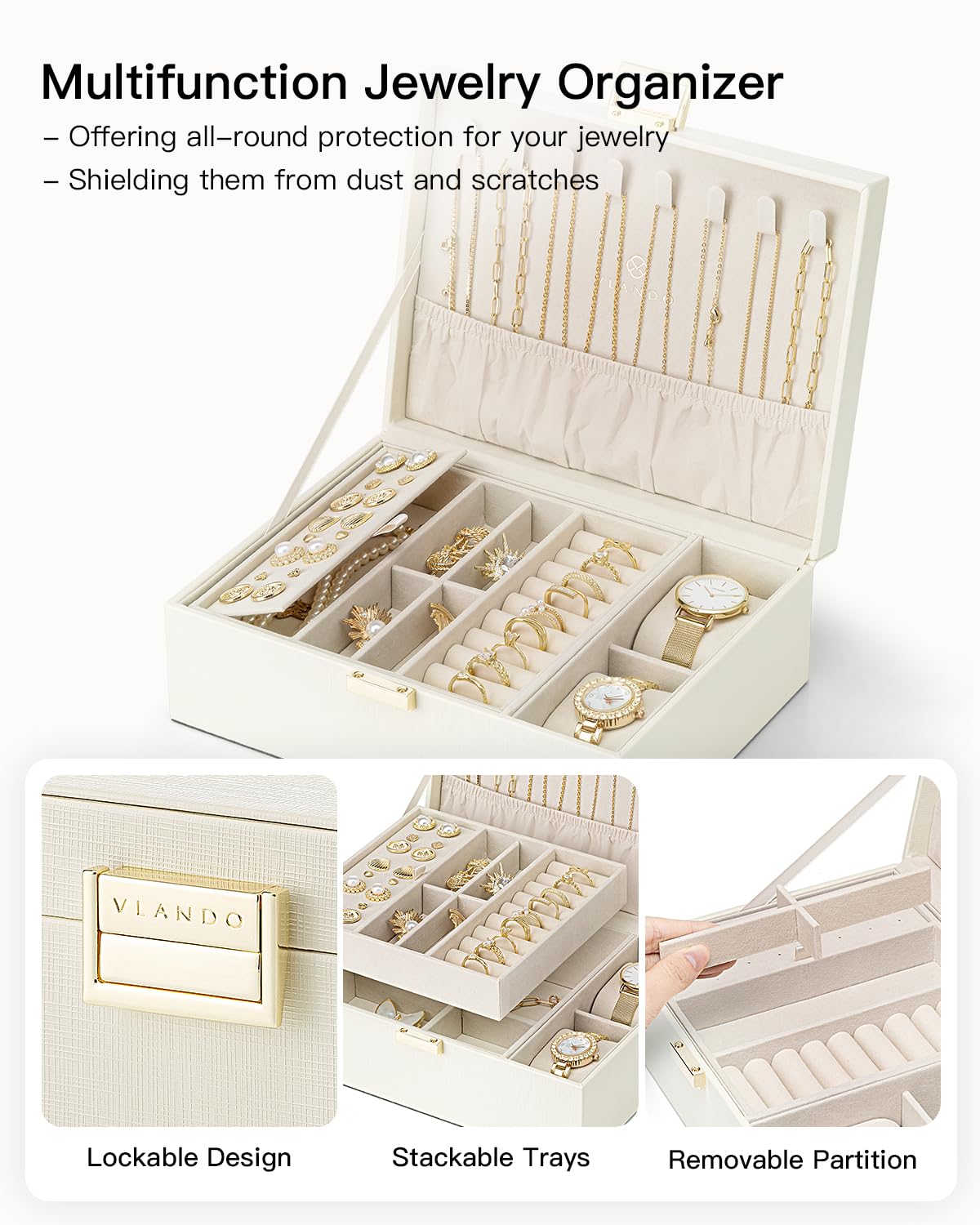 VLANDO Jewelry Organizer,2 Layer Jewelry Box Large Jewelry Organizer for Mothers Day Mom Gifts Women Removable Jewelery Tray with Watch Pillow for Necklace Earrings Rings Bracelets(Cream White)